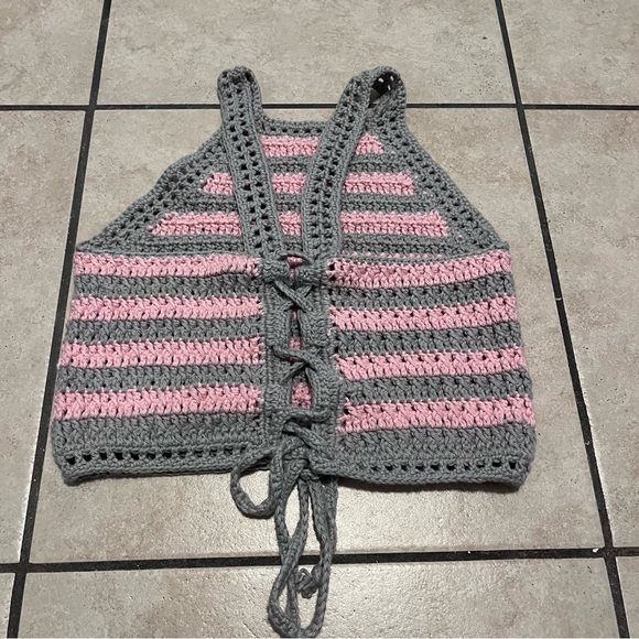 Boho‎ Striped Handmade Crochet Knit Halter Crop Top Shirt Women's One Size - Picture 3 of 6